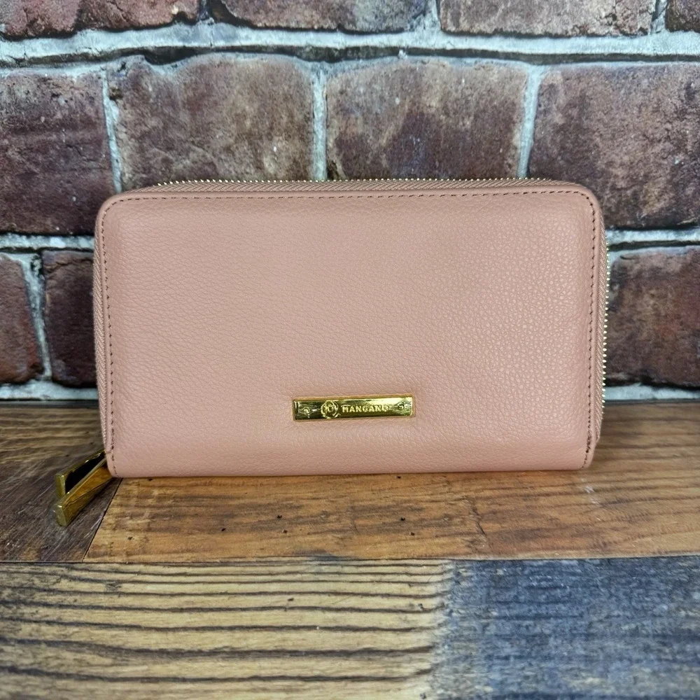Joy Mangano Luxe Leather Double Wallet Wristlet RFID Pink Salmon New No Strap‎